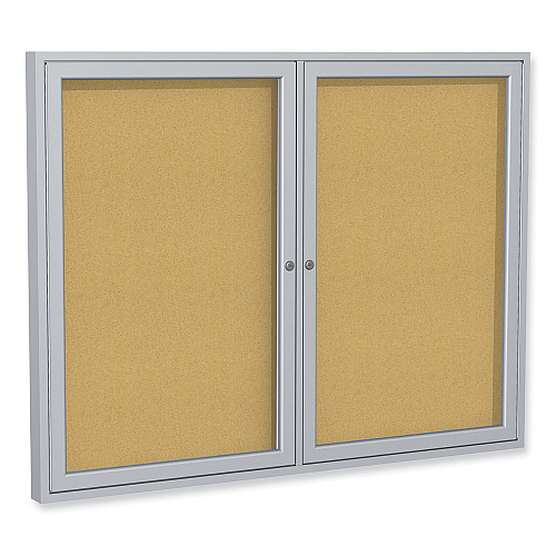 Ghent 2 Door Enclosed Natural Cork Bulletin Board with Satin Aluminum Frame, 60 x 36, Tan Surface (PA23660K)