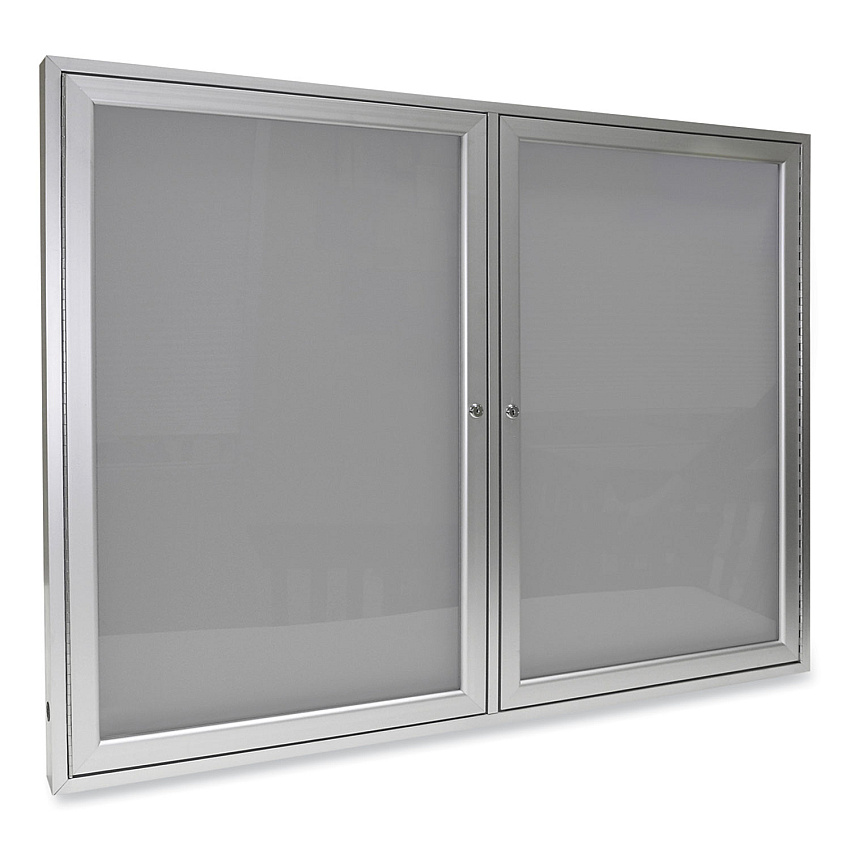 Ghent 2 Door Enclosed Vinyl Bulletin Board with Satin Aluminum Frame, 60 x 36, Silver Surface (PA23660VX193)