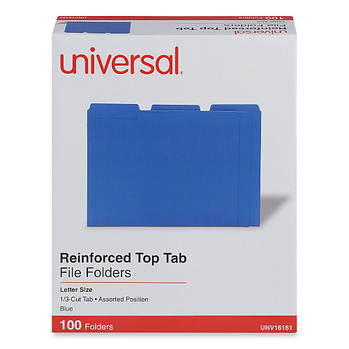 Universal Reinforced Top-Tab File Folders, 1/3-Cut Tabs: Assorted, Letter Size, 1" Expansion, Blue, 100/Box (UNV16161)