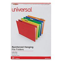 Universal Deluxe Reinforced Recycled Hanging File Folders, Letter Size, 1/5-Cut Tabs, Assorted, 25/Box (UNV34112)