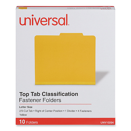 Universal Bright Colored Pressboard Classification Folders, 2" Expansion, 1 Divider, 4 Fasteners, Letter Size, Yellow Exterior, 10/Box (UNV10204)