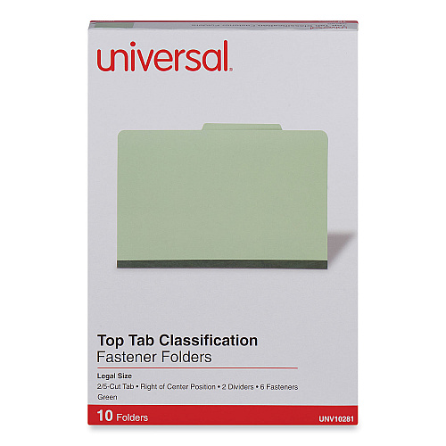 Universal Six-Section Pressboard Classification Folders, 2" Expansion, 2 Dividers, 6 Fasteners, Legal Size, Green Exterior, 10/Box (UNV10281)