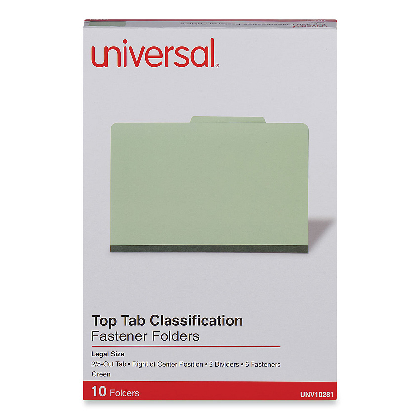 Universal Six-Section Pressboard Classification Folders, 2" Expansion, 2 Dividers, 6 Fasteners, Legal Size, Green Exterior, 10/Box (UNV10281)
