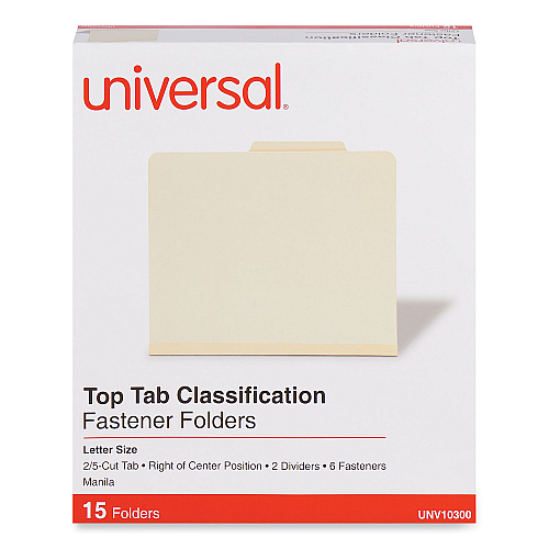Universal Six-Section Classification Folders, 2" Expansion, 2 Dividers, 6 Fasteners, Letter Size, Manila Exterior, 15/Box (UNV10300)