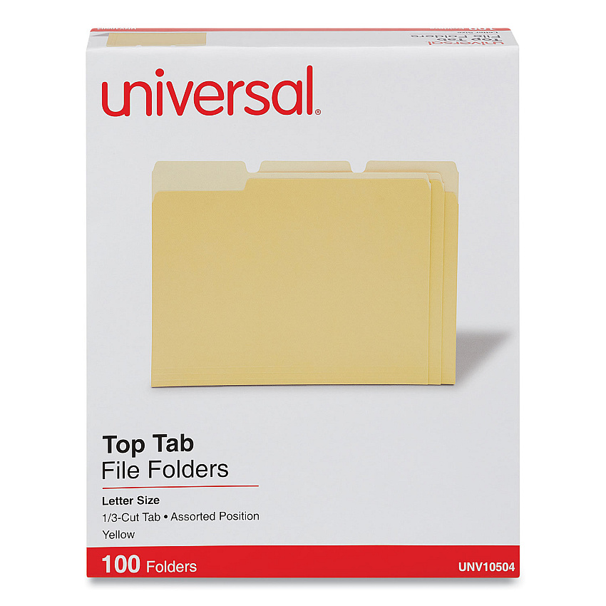 Universal Deluxe Colored Top Tab File Folders, 1/3-Cut Tabs: Assorted, Letter Size, Yellow/Light Yellow, 100/Box (UNV10504)