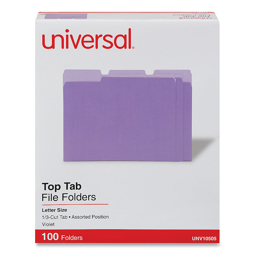 Universal Deluxe Colored Top Tab File Folders, 1/3-Cut Tabs: Assorted, Letter Size, Violet/Light Violet, 100/Box (UNV10505)