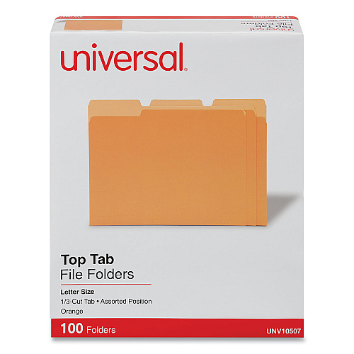 Universal Deluxe Colored Top Tab File Folders, 1/3-Cut Tabs: Assorted, Letter Size, Orange/Light Orange, 100/Box (UNV10507)