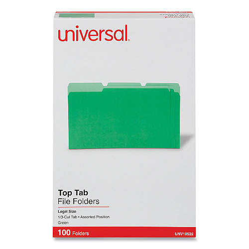 Universal Deluxe Colored Top Tab File Folders, 1/3-Cut Tabs: Assorted, Legal Size, Bright Green/Light Green, 100/Box (UNV10522)