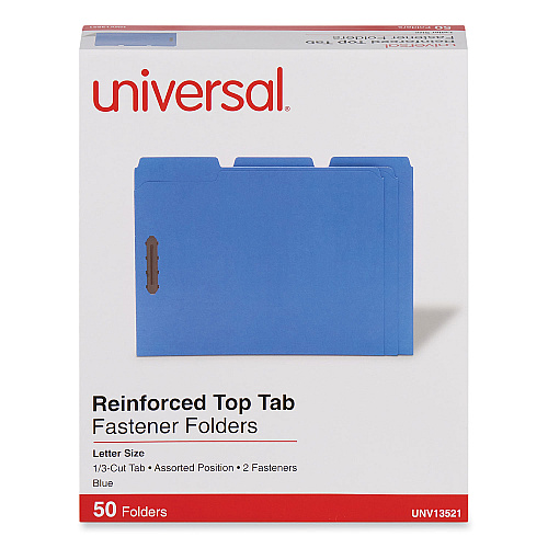 Universal Deluxe Reinforced Top Tab Fastener Folders, 0.75" Expansion, 2 Fasteners, Letter Size, Blue Exterior, 50/Box (UNV13521)