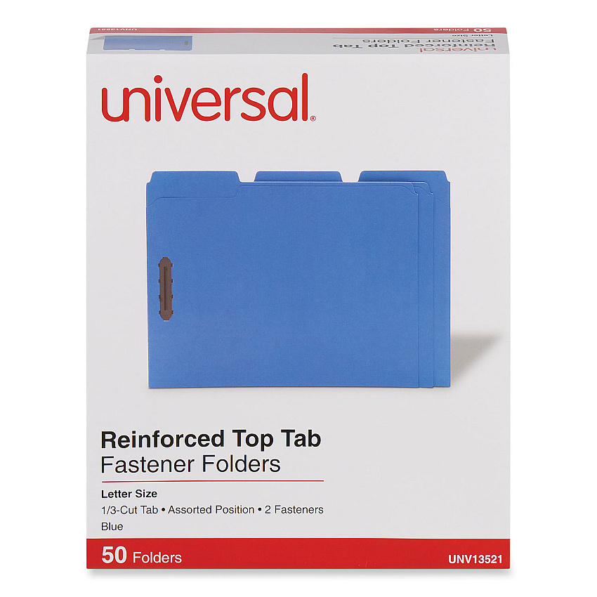 Universal Deluxe Reinforced Top Tab Fastener Folders, 0.75" Expansion, 2 Fasteners, Letter Size, Blue Exterior, 50/Box (UNV13521)