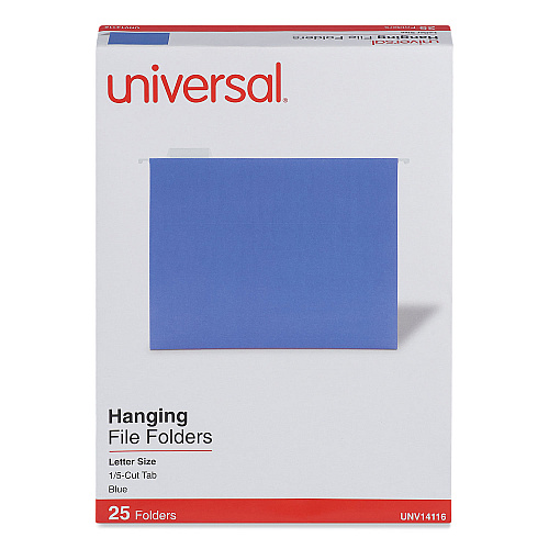 Universal Deluxe Bright Color Hanging File Folders, Letter Size, 1/5-Cut Tabs, Blue, 25/Box (UNV14116)