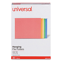 Universal Deluxe Bright Color Hanging File Folders, Letter Size, 1/5-Cut Tabs, Assorted Colors, 25/Box (UNV14121)