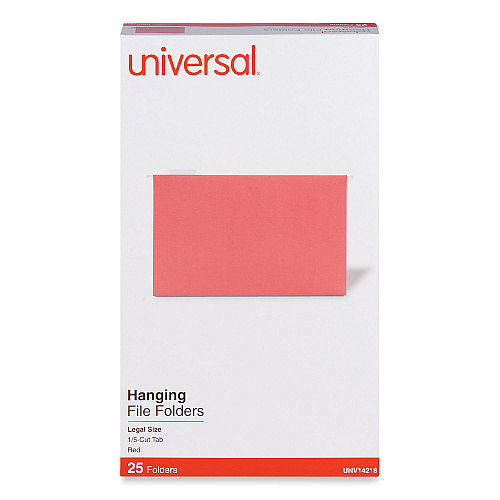 Universal Deluxe Bright Color Hanging File Folders, Legal Size, 1/5-Cut Tabs, Red, 25/Box (UNV14218)