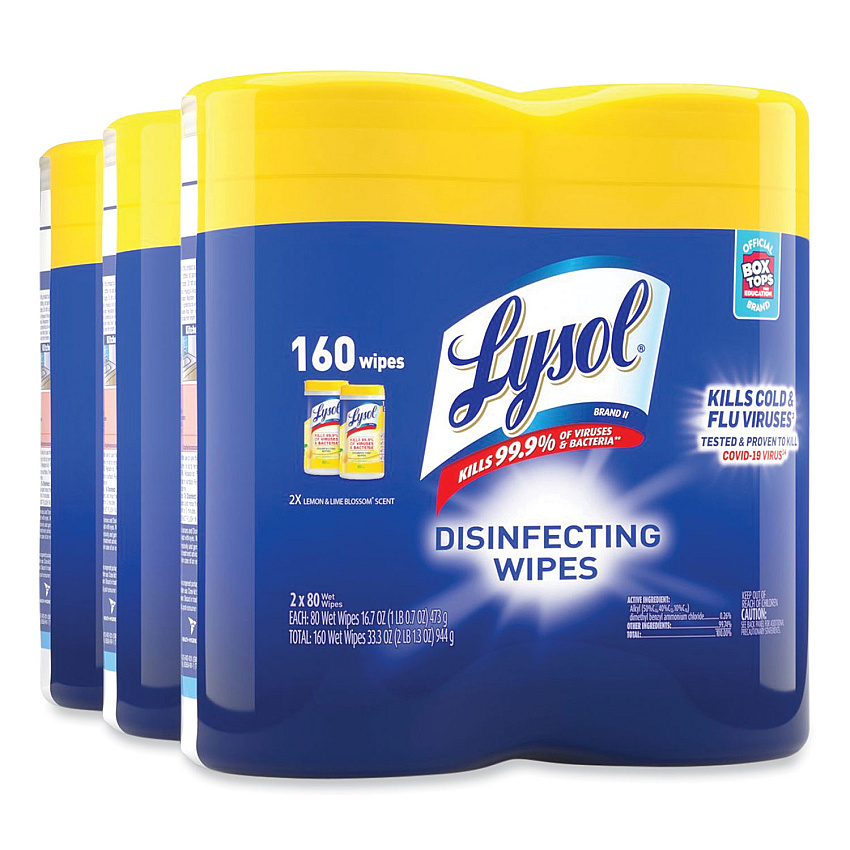 Lysol&reg; Disinfecting Wipes, Lemon Lime Scent, 80 Wipes, 6 Canisters (80296)