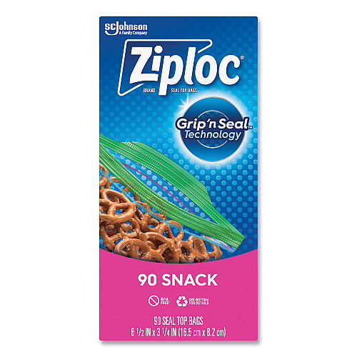 Ziploc Seal Top Snack Bags, Snack, 6.5" x 3.25", Clear, 90 Bags/Box, 12 Boxes/Carton (383215)