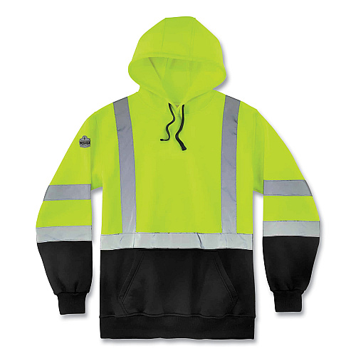 ergodyne GloWear 8373 Hi-Vis Class 3 Hooded Sweatshirt with  Black Bottom, Polar Fleece, Lime, X-Large (21885)