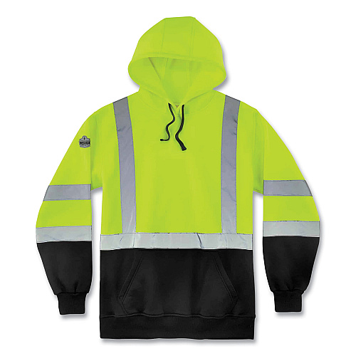 ergodyne GloWear 8373 Hi-Vis Class 3 Hooded Sweatshirt with Black Bottom, Polar Fleece, Lime, Medium (21883)