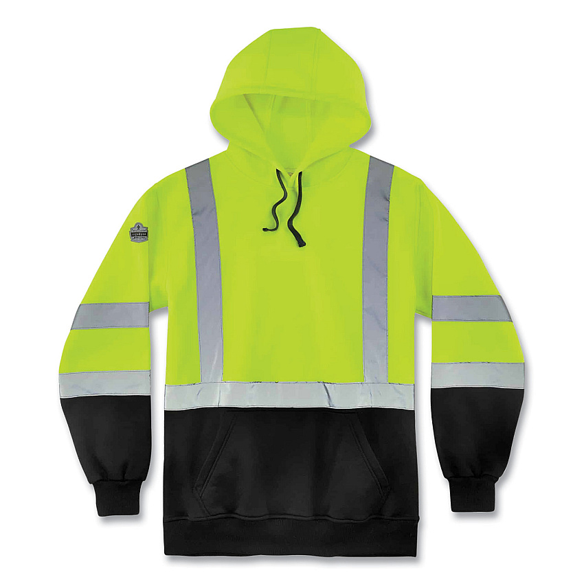 ergodyne GloWear 8373 Hi-Vis Class 3 Hooded Sweatshirt with Black Bottom, Polar Fleece, Lime, Medium (21883)