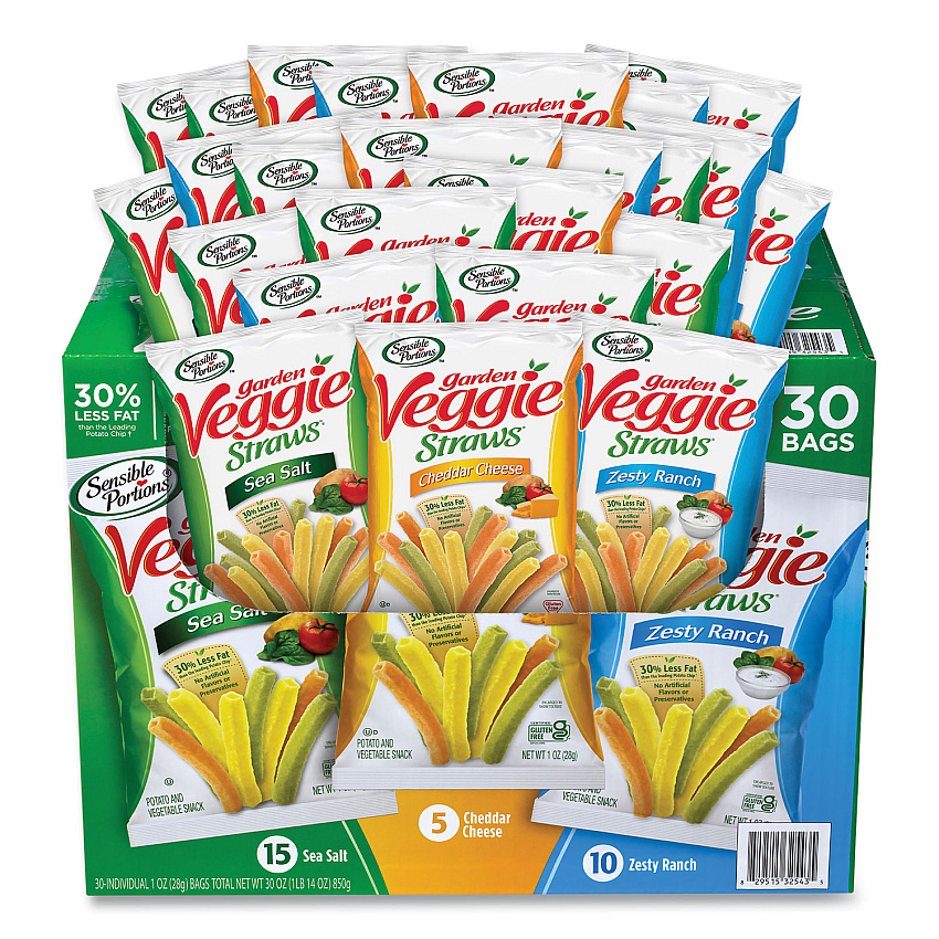 Sensible Portions Veggie Straws, Cheddar Cheese/Sea Salt/Zesty Ranch, 1 oz Bag, 30 Bags/Carton (22000413)