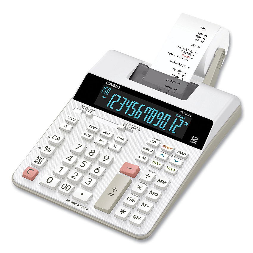 Casio HR-300RC 12-Digit Printing Calculator, Black/Red Print, 2 Lines/Second, White