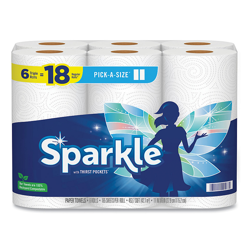Sparkle Pick-A-Size Perforated Kitchen Triple Roll Towels with Thirst Pockets, 2-Ply, 11 x 6, White, 165 Sheets/Roll, 6 Rolls/Pack (22269501)