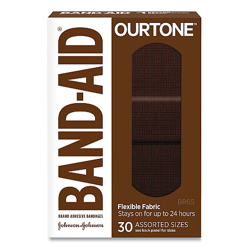 BAND-AID OurTone Adhesive Bandages, BR65, 2.25 x 0.63; 3 x 0.75; 3 x 1, Deep Brown, 30/Pack (119587)