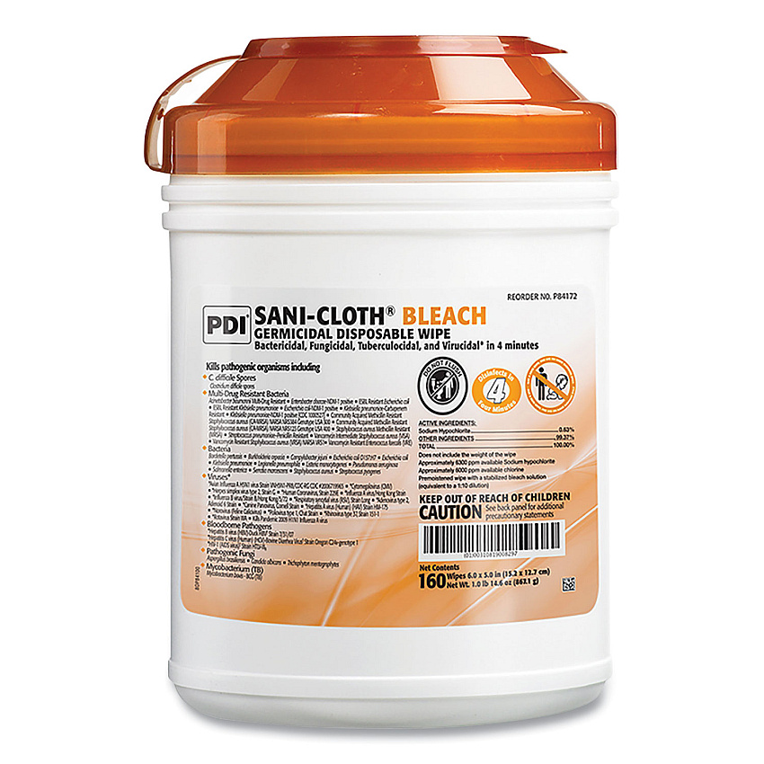 Sani-Cloth Bleach Germicidal Disposable Wipes, 1-Ply, 6 x 5, Unscented, White, 160/Canister, 12 Canisters/Carton (P84172)