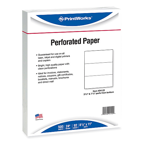 Printworks Professional Perforated and Punched Paper, 92 Bright, 24 lb Bond Weight, 8.5 x 11, White, 500/Ream, 5 Reams/Carton (04122CT)