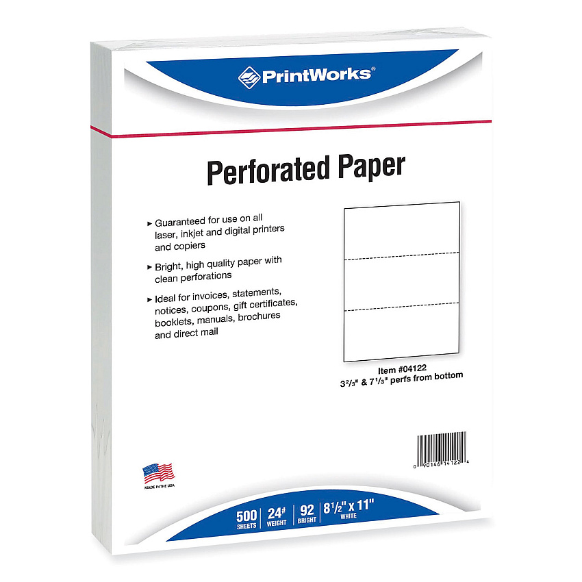 Printworks Professional Perforated and Punched Paper, 92 Bright, 24 lb Bond Weight, 8.5 x 11, White, 500/Ream, 5 Reams/Carton (04122CT)
