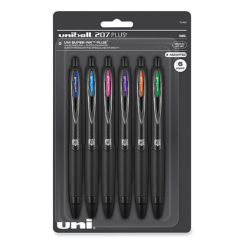 uni-ball 207 Plus+ Gel Pen, Retractable, Medium 0.7 mm, Assorted Inspirational Ink Colors, Black Barrel, 6/Pack (70491)
