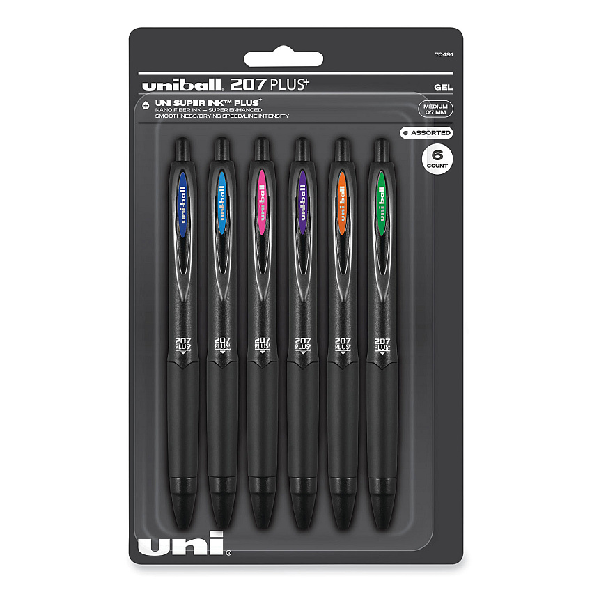 uni-ball 207 Plus+ Gel Pen, Retractable, Medium 0.7 mm, Assorted Inspirational Ink Colors, Black Barrel, 6/Pack (70491)