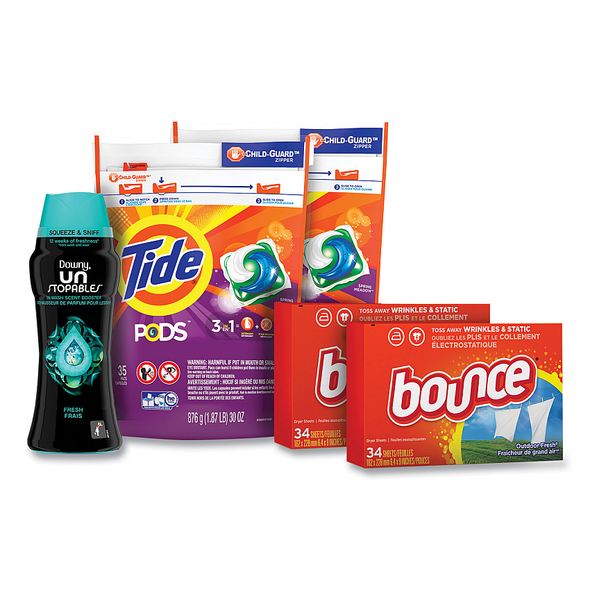 Laundry Care Bundle, (2) Bags Tide Pods, (2) Boxes Bounce Dryer Sheets, (1) Bottle Downy Unstopables (12777)