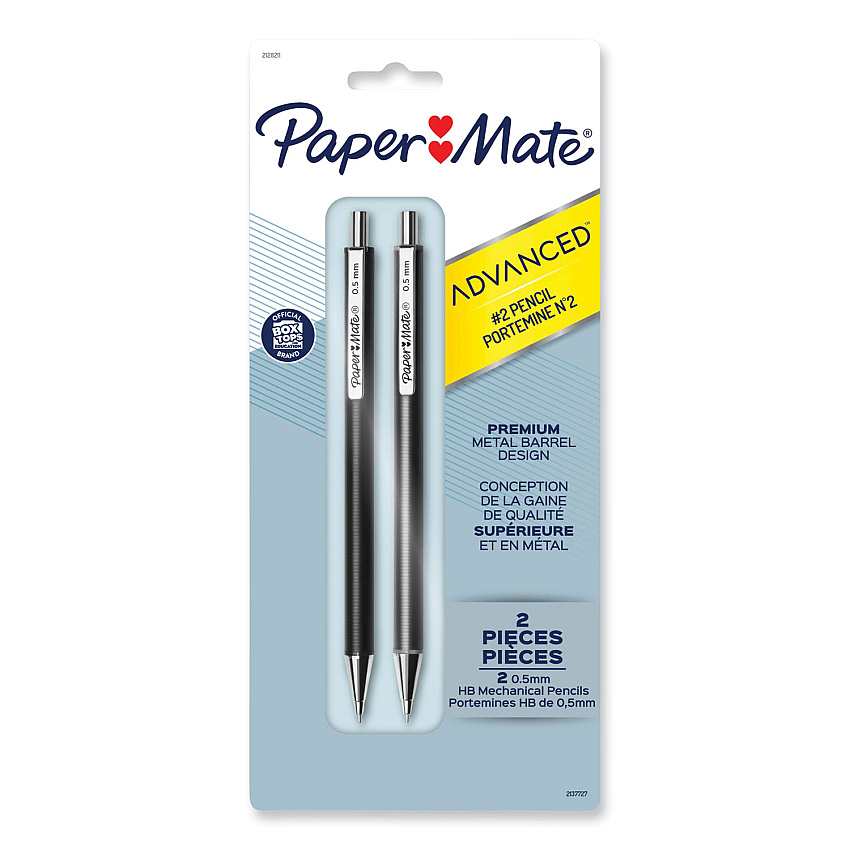 Paper Mate Advanced Mechanical Pencils, 0.5 mm, HB (#2), Black Lead, Black; Gray Barrel, 2/Pack (2128211)