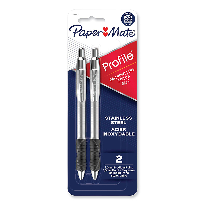 Paper Mate Profile Ballpoint Pen, Retractable, Medium, 1 mm, Black Ink, Black/Silver Barrel, 2/Pack (2130513)