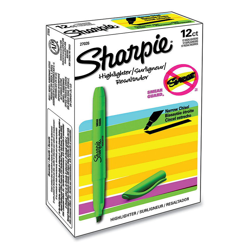 Sharpie Pocket Style Highlighters, Fluorescent Green Ink, Chisel Tip, Green Barrel, Dozen (27026)