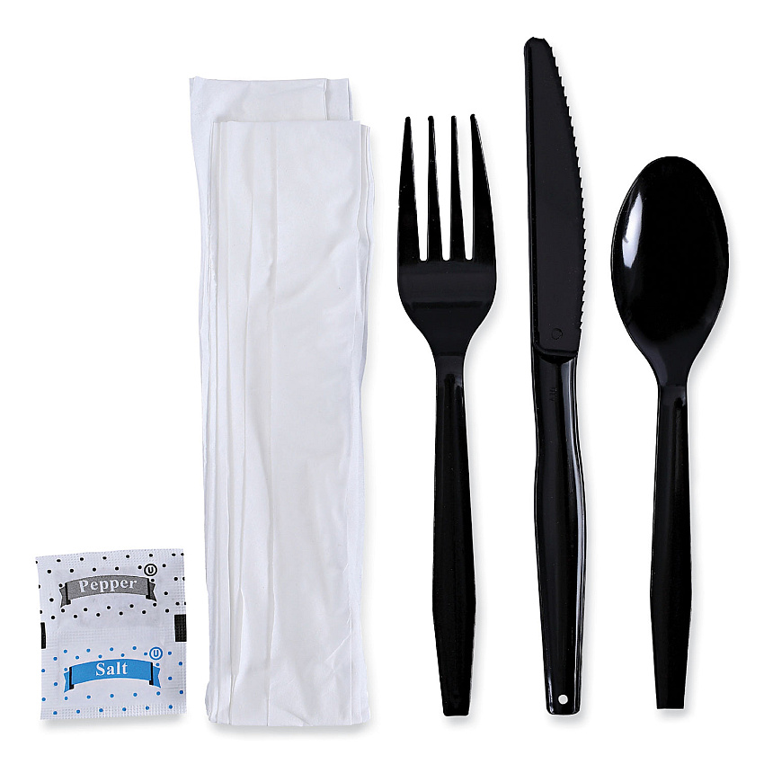 Boardwalk&reg; Six-Piece Cutlery Kit Cdmt/Fk/Kf/Npkn/Tsp, 250 Packs (BWKFKTNSMWPSBLA)