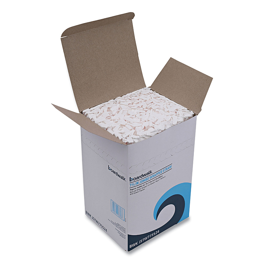 Boardwalk Wrapped Jumbo Straws, 7.75", Plastic, White/Red Stripe, 400/Pack, 25 Packs/Carton (BWKJSTW775S24)