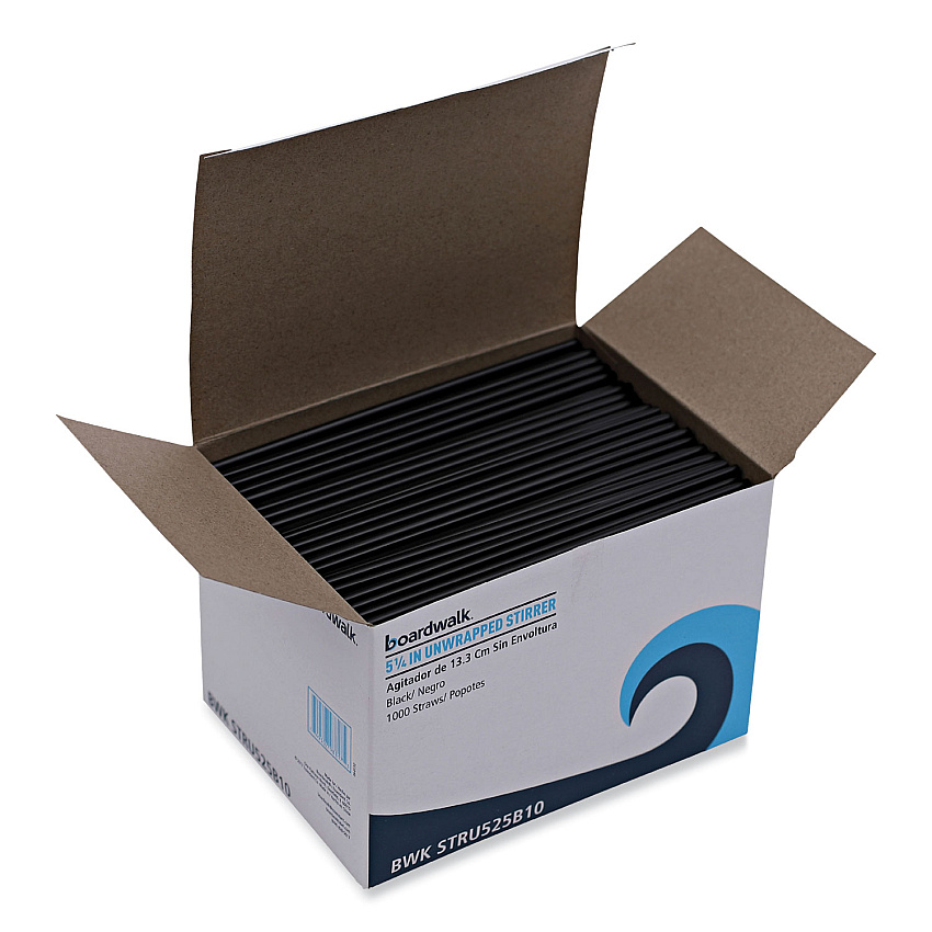 Boardwalk&reg; Unwrapped Stir-Straws, 5 1/4", Black, 1000/Pk, 10/Ctn (BWKSTRU525B10)