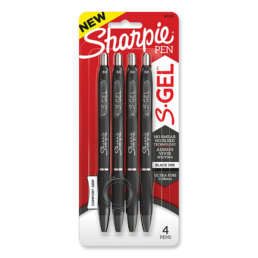 Sharpie S-Gel High-Performance Gel Pen, Retractable, Extra-Fine 0.38 mm, Black Ink, Black Barrel, 4/Pack (2141125)