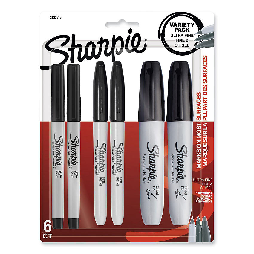 Sharpie Mixed Point Size Permanent Markers, Assorted Tip Sizes/Types, Black, 6/Pack (2135318)