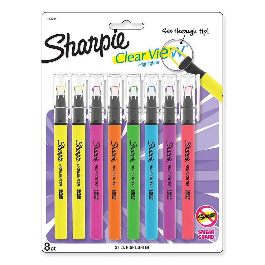 Sharpie Clearview Pen-Style Highlighter, Assorted Ink Colors, Chisel Tip, Assorted Barrel Colors, 8/Pack (1966798)