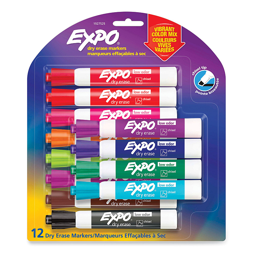 EXPO Low Odor Dry Erase Vibrant Color Markers, Broad Chisel Tip, Assorted Colors, 12/Set (1927525)