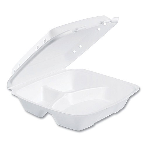 Insulated Foam Hinged Lid Containers, 3-compartment, 9.01 X 9.4 X 3.1, White, 200/carton