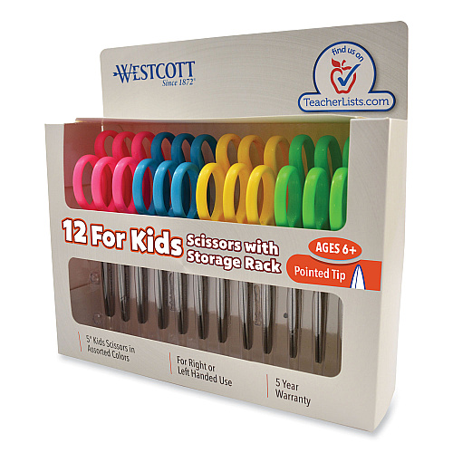 Westcott For Kids Scissors Teacher's Pack, Pointed Tip, 5" Long, 1.75" Cut Length, Straight Assorted Color Handles, 12/Pack (13141)