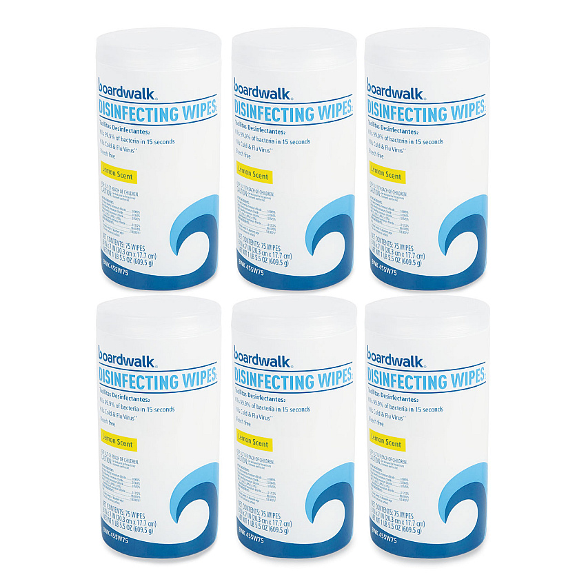 Boardwalk&reg; Disinfecting Wipes, Lemon, 75 Wipes, 6 Canisters (BWK455W75)
