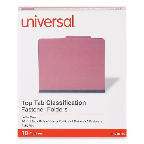 Universal Bright Colored Pressboard Classification Folders, 2" Expansion, 2 Dividers, 6 Fasteners, Letter Size, Ruby Red, 10/Box (UNV10303)