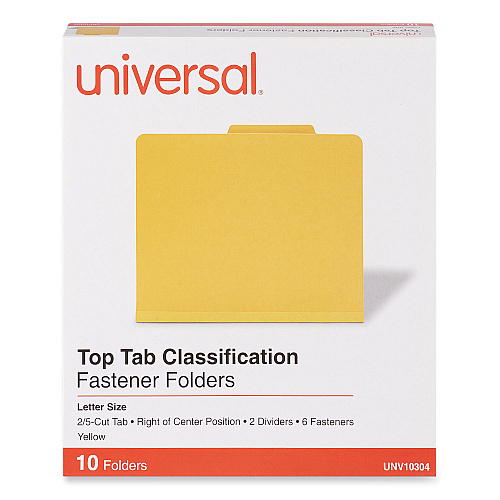 Universal Bright Colored Pressboard Classification Folders, 2" Expansion, 2 Dividers, 6 Fasteners, Letter Size, Yellow Exterior, 10/Box (UNV10304)