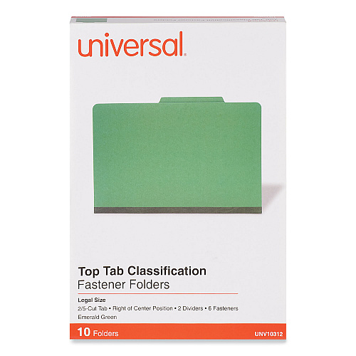 Universal Bright Colored Pressboard Classification Folders, 2" Expansion, 2 Dividers, 6 Fasteners, Legal Size, Emerald Green, 10/Box (UNV10312)