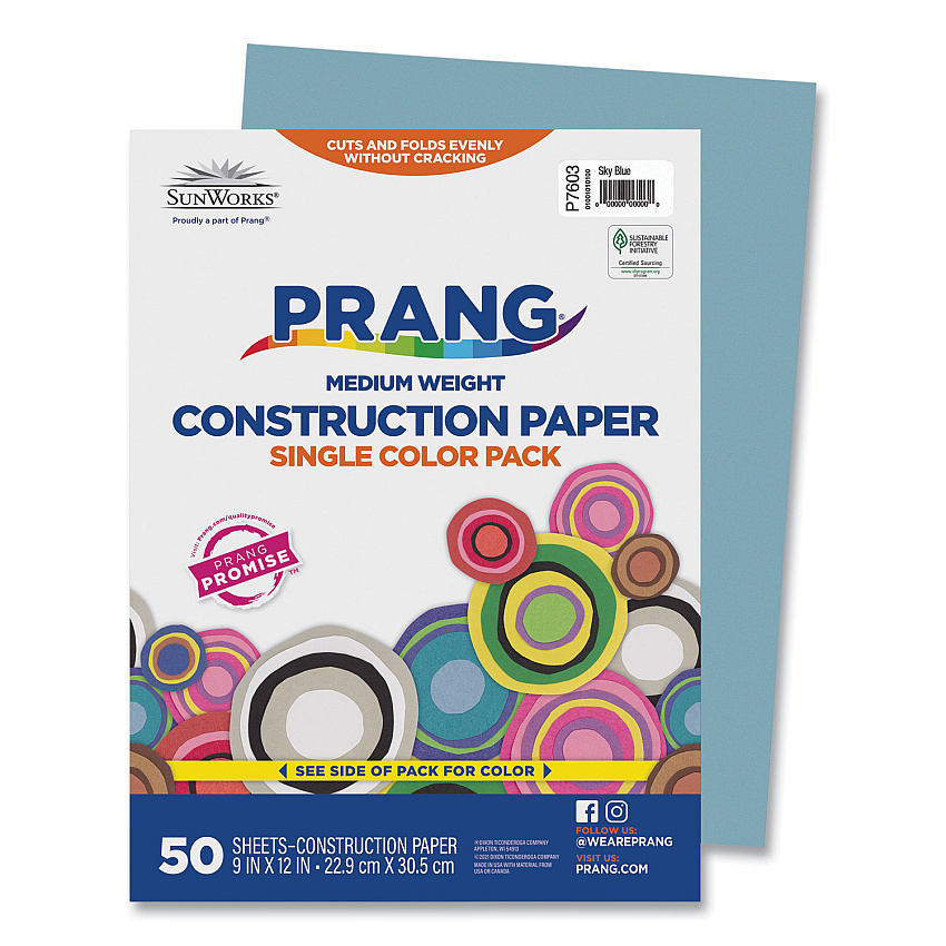 Prang SunWorks Construction Paper, 50 lb Text Weight, 9 x 12, Sky Blue, 50/Pack (7603)