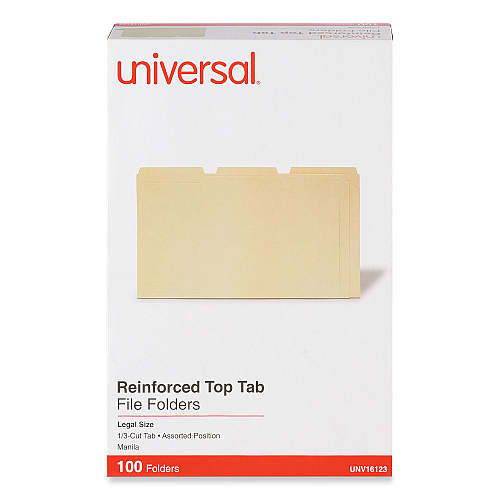 Universal Double-Ply Top Tab Manila File Folders, 1/3-Cut Tabs: Assorted, Legal Size, 0.75" Expansion, Manila, 100/Box (UNV16123)